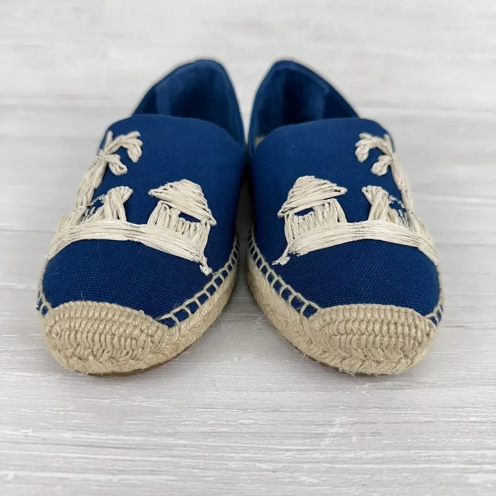 Tory Burch Flat Espadrille Size 8 Raffia‎ Embroidered Straw Blue Tropical Cruise